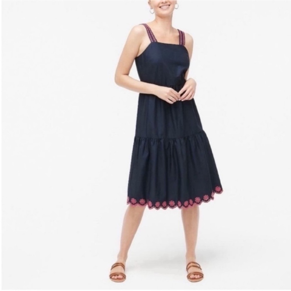 J. Crew Factory midi dress navy blue pink scalloped tiered embroidery - Picture 1 of 10